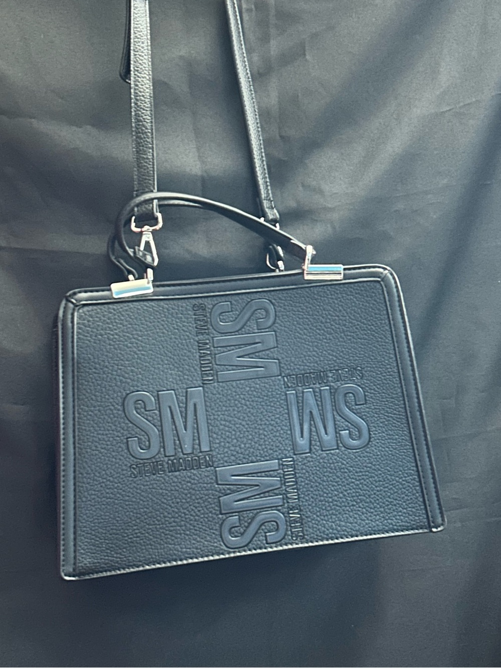 Steve Madden Black Embossed SM Box Shoulder HandBag